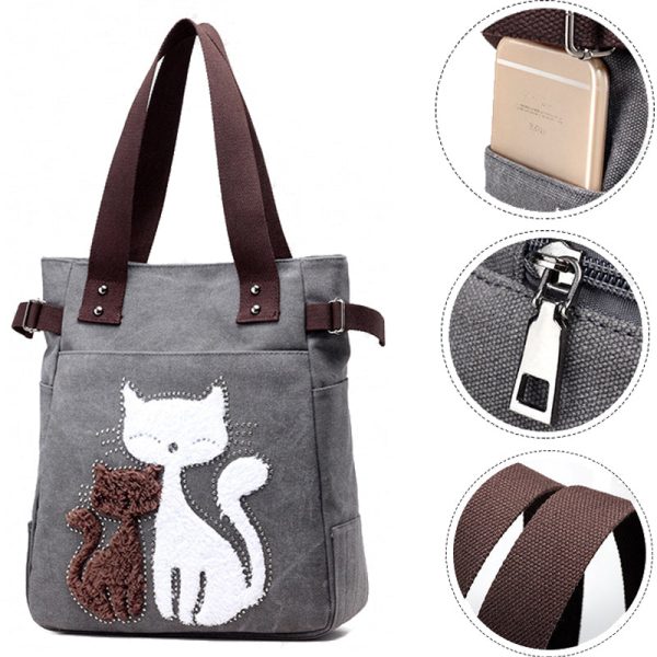 Women Canvas Shoulder Bags Cat Handbag - Image 4
